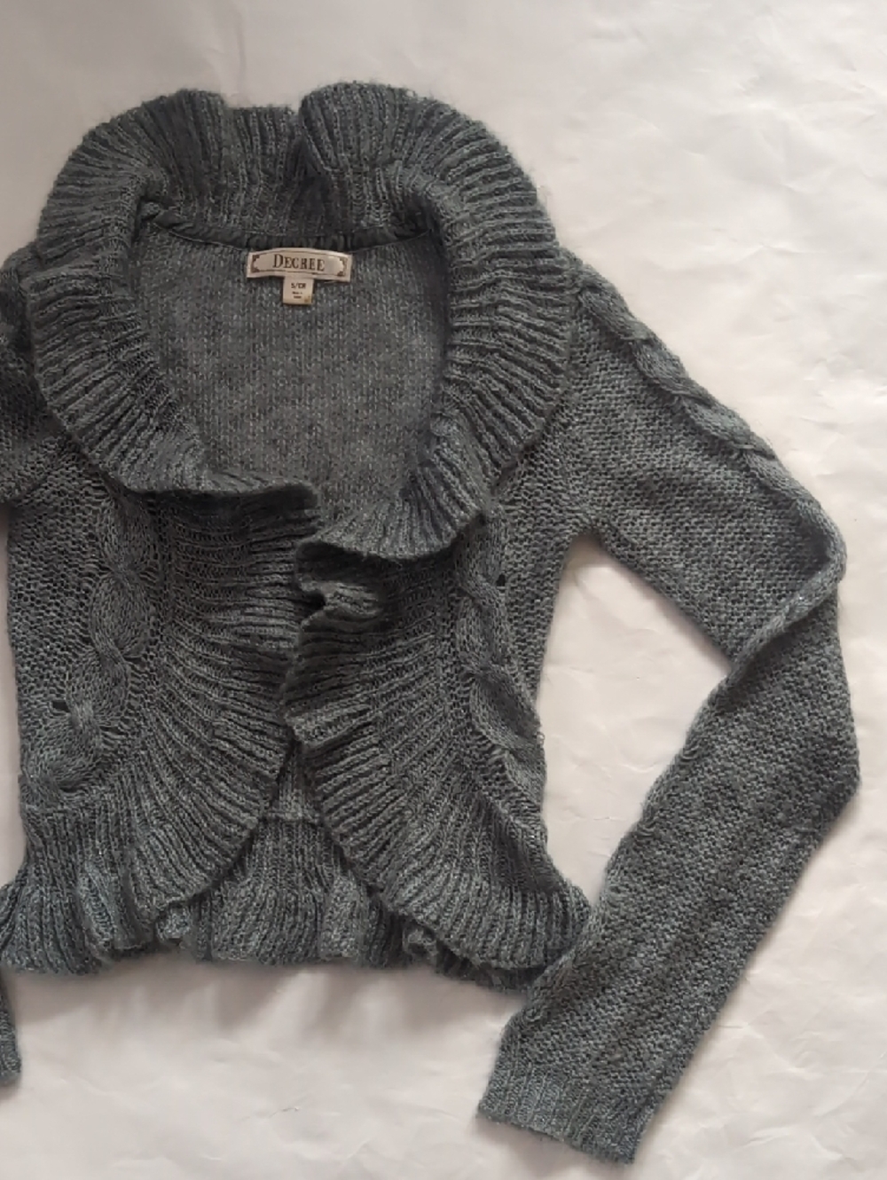 Decree Gray Ruffled Cable-Knit Open Cardigan-XS - Picture 3 of 7